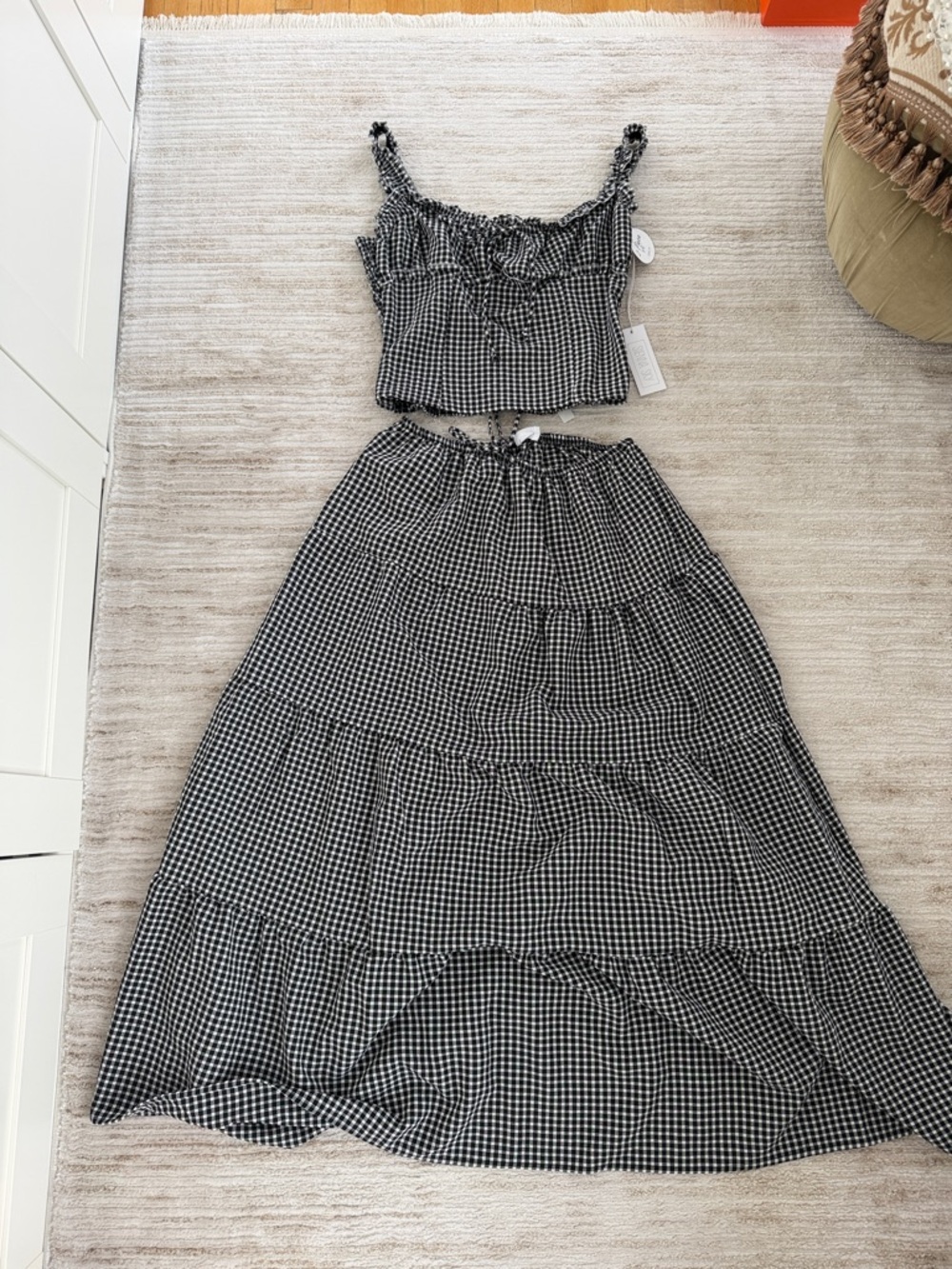 Sienna Sky Gingham Two-Piece Crop Top & Maxi Skirt Set - Black & White